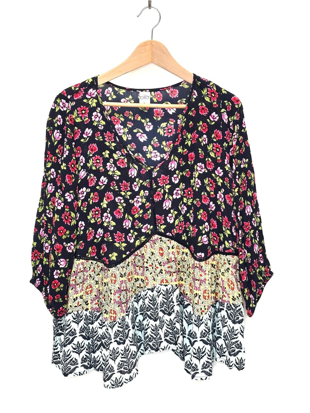 Bila Mixed Print Patchwork Floral Tunic Top Blouse Boho Babydoll Multicolor L